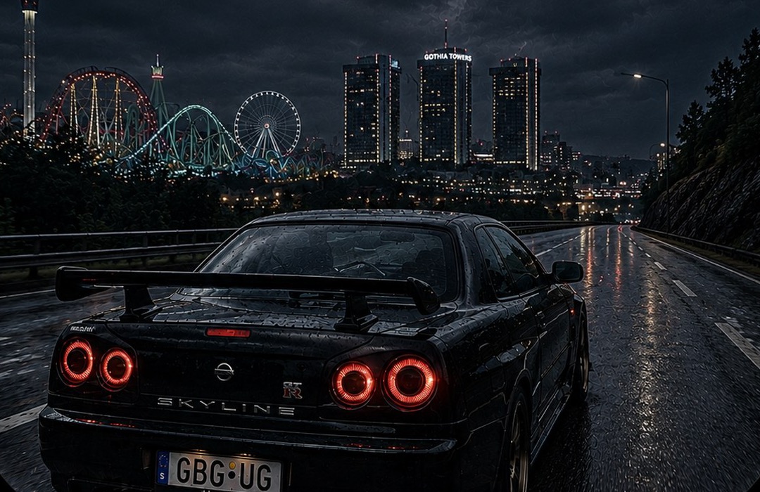 Svart Skyline R34 på våt motorväg om natten, med Liseberg och Gothia Towers i bakgrunden